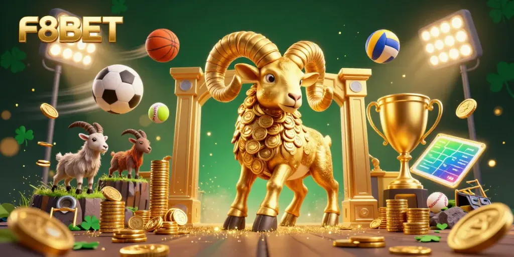 Engage with dynamic sports betting action at F8BET, surrounded by vibrant game elements and a golden ram.