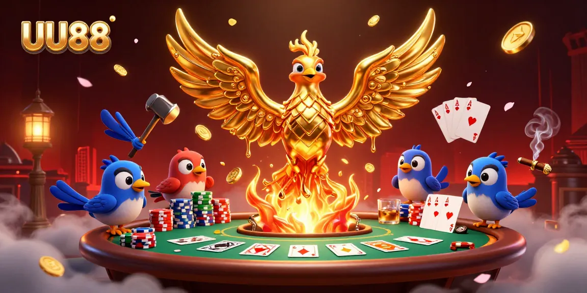 Witness the dynamic UU88 gaming experience with a golden phoenix and poker elements.