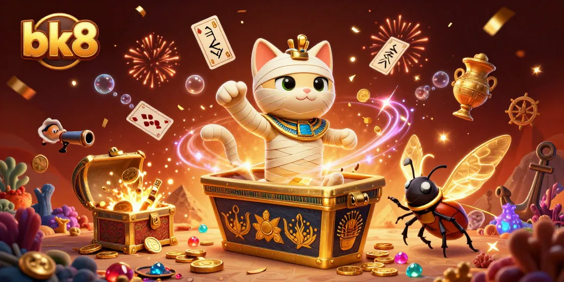 Experience thrilling bk8 casino action with a mummy cat and glowing scarab in a dynamic pyramid scene.