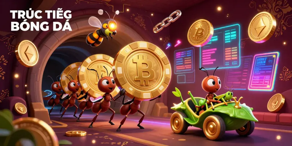 Engaging 3D scene showcasing TRỰC TIẾP BÓNG ĐÁ with cartoon ants executing a heist involving a giant poker chip.