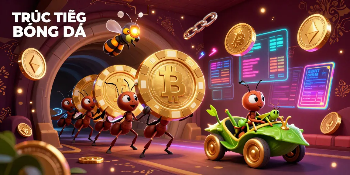 Engaging 3D scene showcasing TRỰC TIẾP BÓNG ĐÁ with cartoon ants executing a heist involving a giant poker chip.