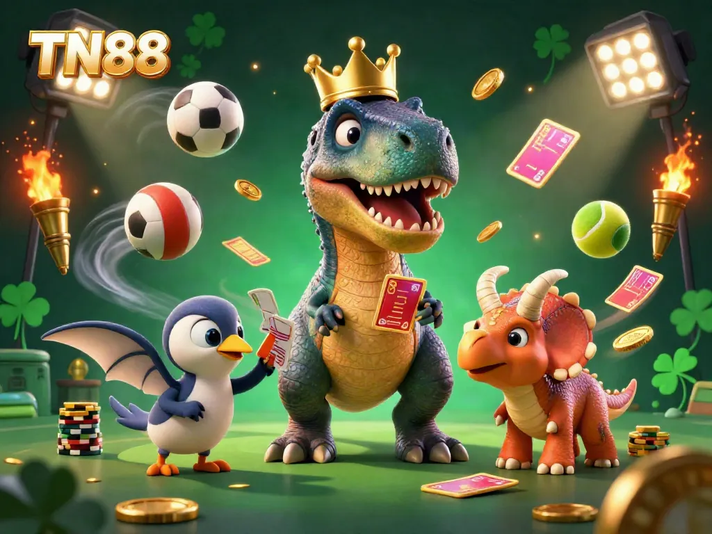 Watch TN88's animated characters engaging in a thrilling casino scene with dynamic chips and cards.