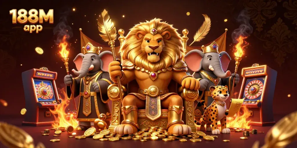 Win big with the 188M app in a vibrant casino scene featuring a lion king, elephant advisor, and cheetah messenger.