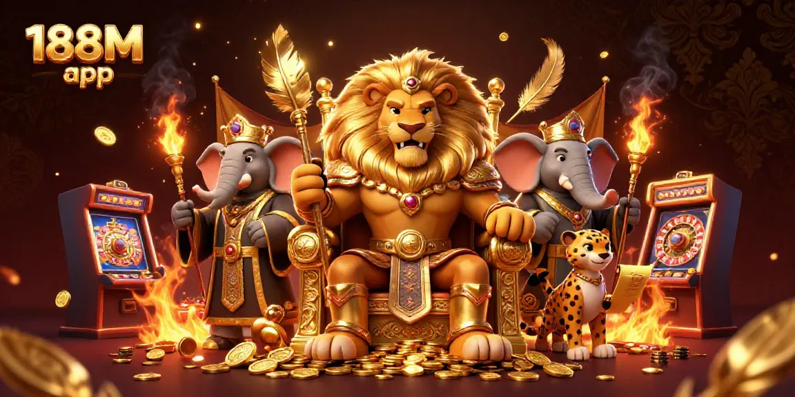Win big with the 188M app in a vibrant casino scene featuring a lion king, elephant advisor, and cheetah messenger.