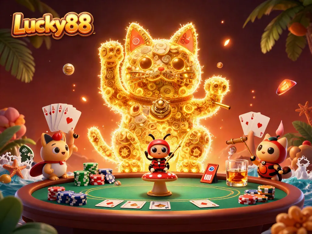 Experience Lucky88 with a golden cat and vibrant casino symbols in a colorful illustration.
