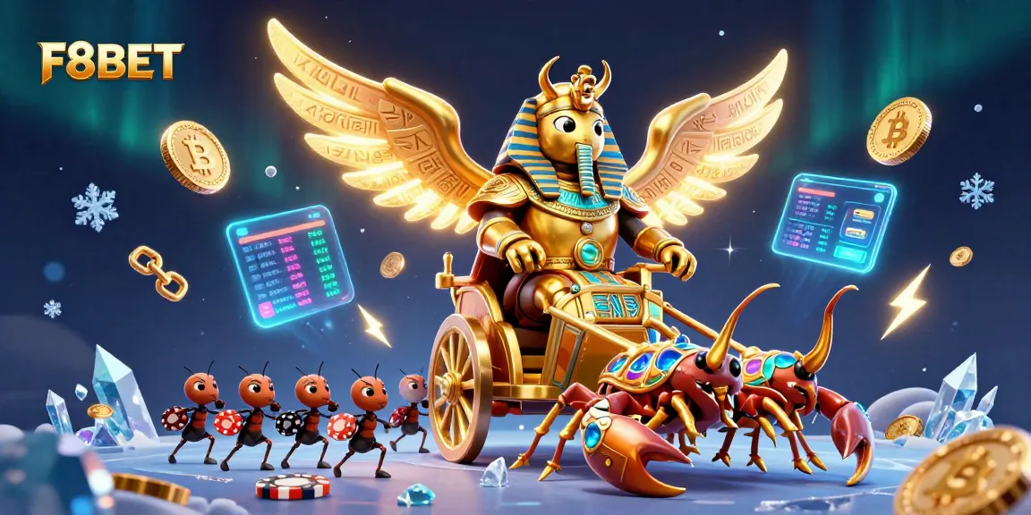 Experience exhilarating gaming at F8BET with a vibrant illustration of a golden scarab beetle set amid rich gambling elements.