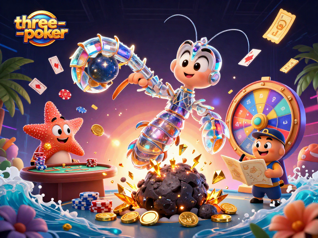 Experience dynamic gameplay with three-card-poker as colorful cards and chips surround animated characters