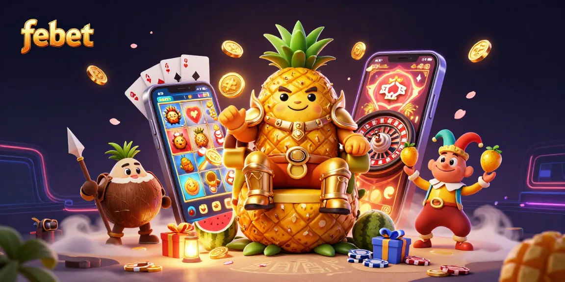 Experience thrilling gameplay at febet with a vibrant 3D casino scene featuring a golden pineapple king.