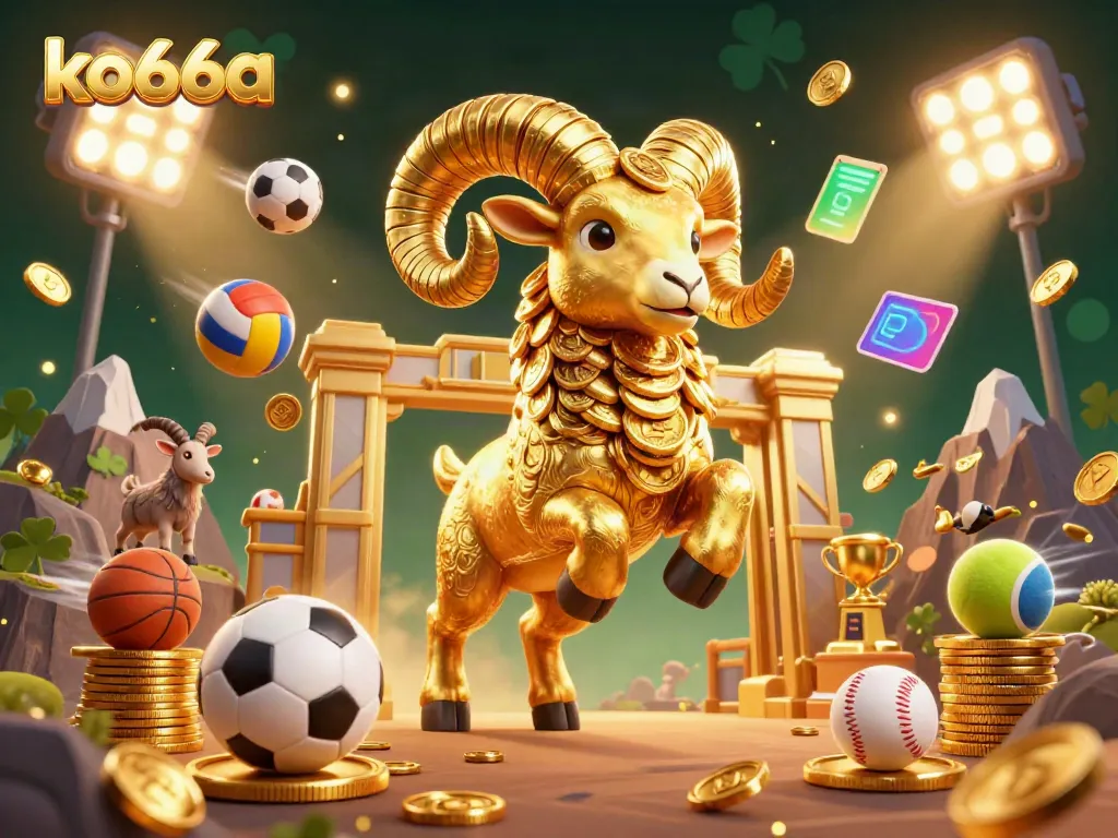 Engage in thrilling gaming action at ko66a with a massive golden ram charging through a dynamic casino scene.