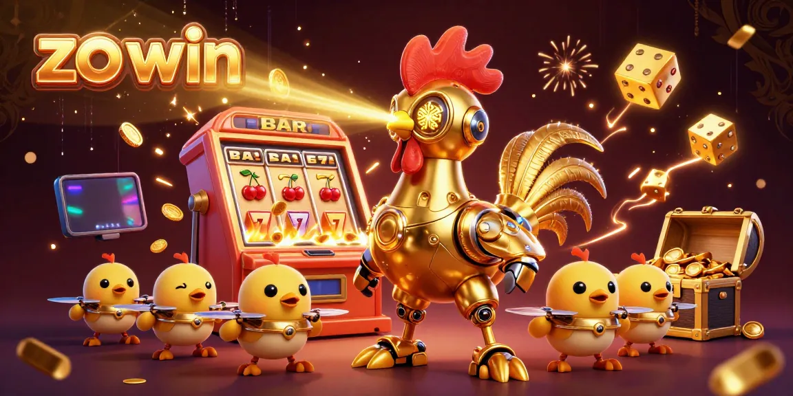 Join the excitement at zo win with a dynamic casino scene featuring a golden rooster robot and playful baby chick drones.