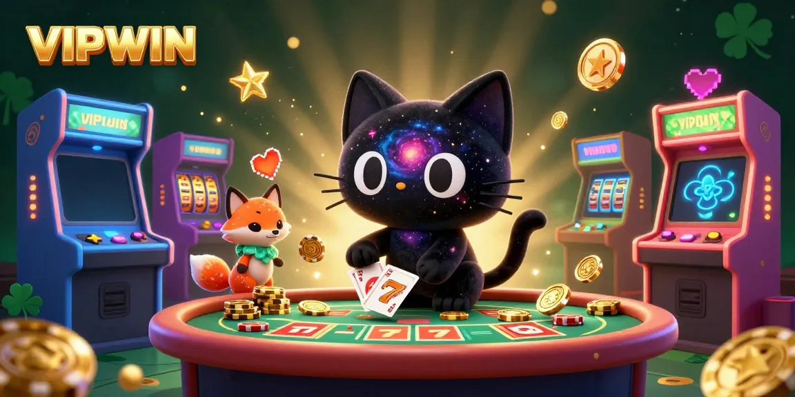 Experience the cosmic charm of VIPWIN with a black hole cat and nebula fox at a dynamic casino table.