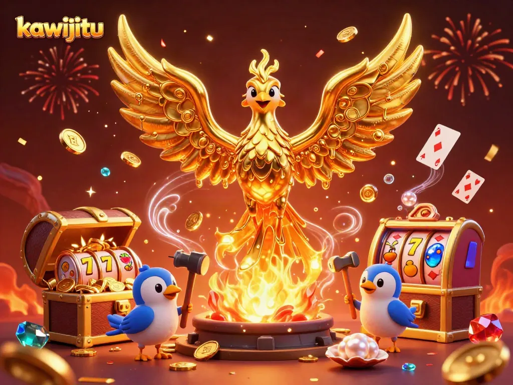 Experience the excitement of kawijitu with a golden phoenix and rich casino elements in this vibrant illustration.