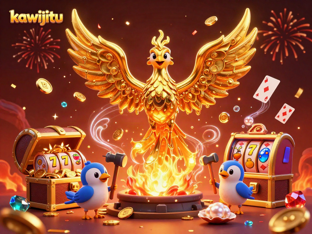 Experience the excitement of kawijitu with a golden phoenix and rich casino elements in this vibrant illustration.