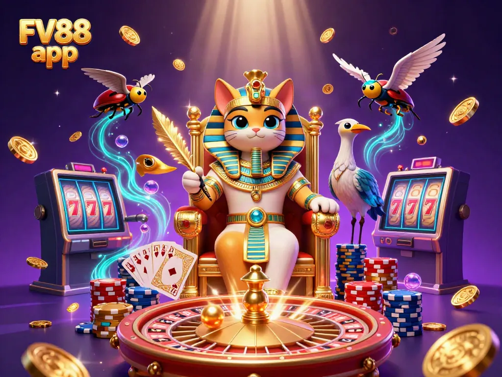 Experience the excitement of the FV88 app with this vibrant 3D casino illustration featuring dynamic game elements.