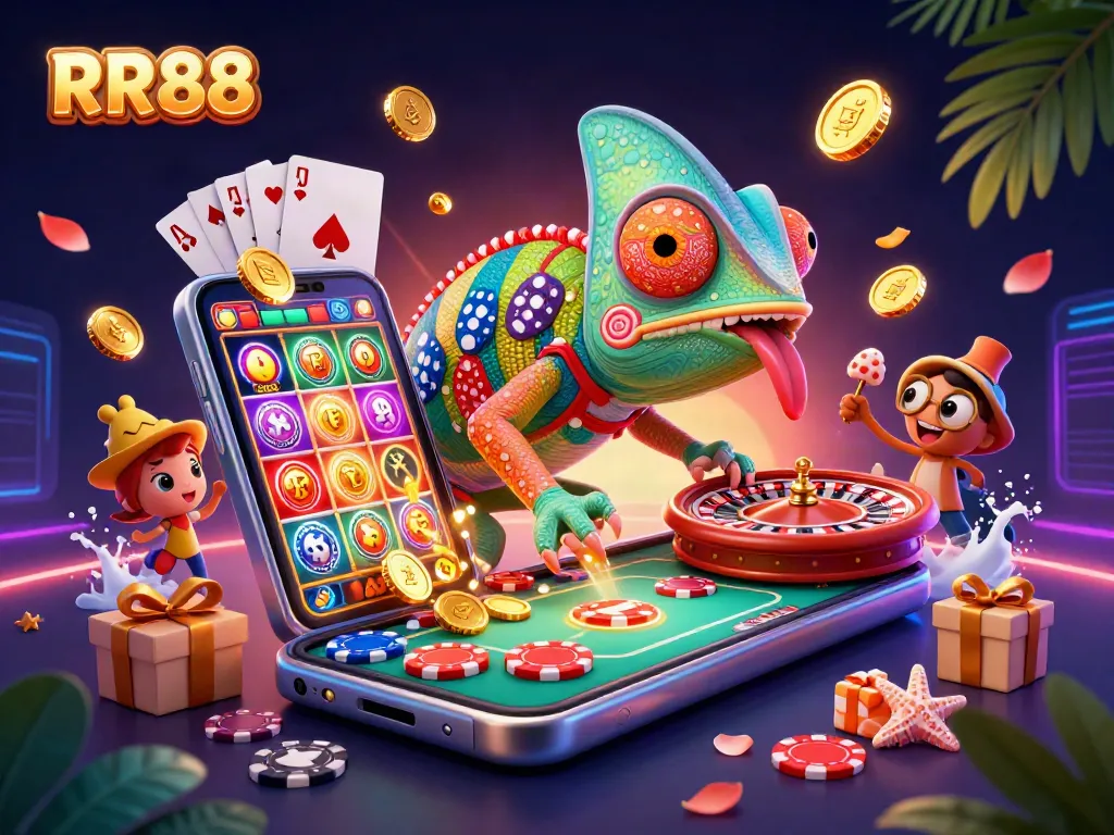 RR88 chameleon casino owner captures golden coins amidst vibrant games and dynamic casino elements.