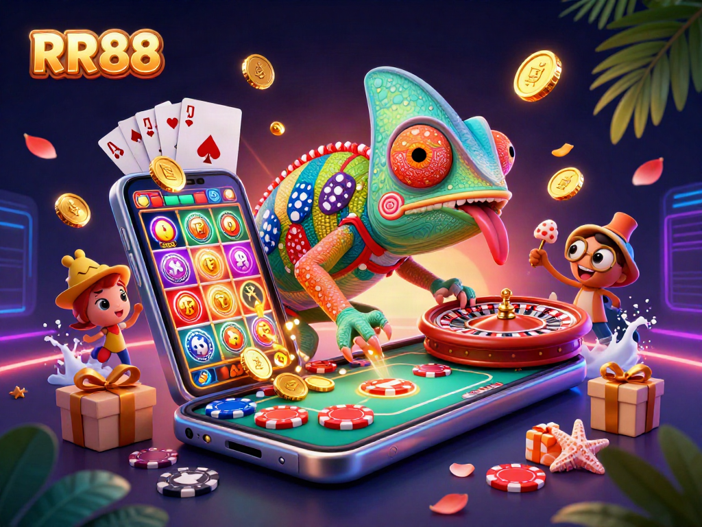 RR88 chameleon casino owner captures golden coins amidst vibrant games and dynamic casino elements.