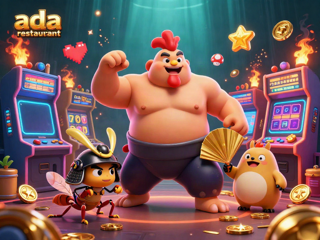 Experience high-stakes thrills at ada-restaurant with powerful characters in an exciting casino-themed illustration.
