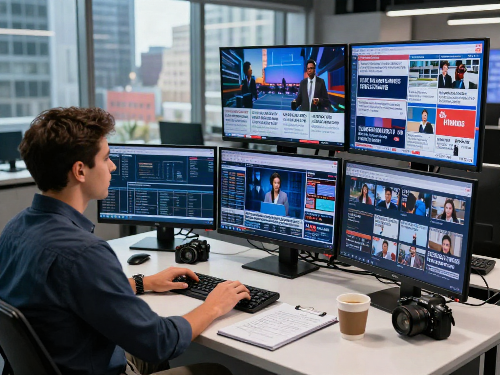 News update scene from elligilgal.com, showcasing a journalist at work in a lively newsroom.
