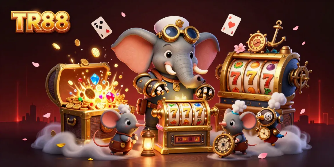 Spin the TR88 slot machine with a steampunk elephant engineer in a magical casino scene.