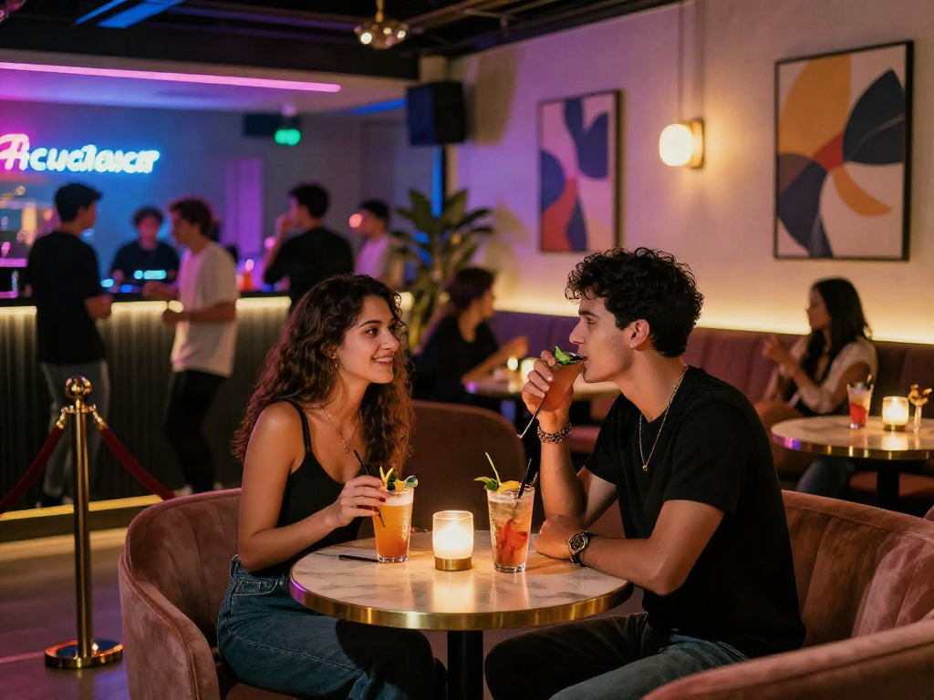 Couple enjoying nsfw ai-themed nightlife at a vibrant lounge bar