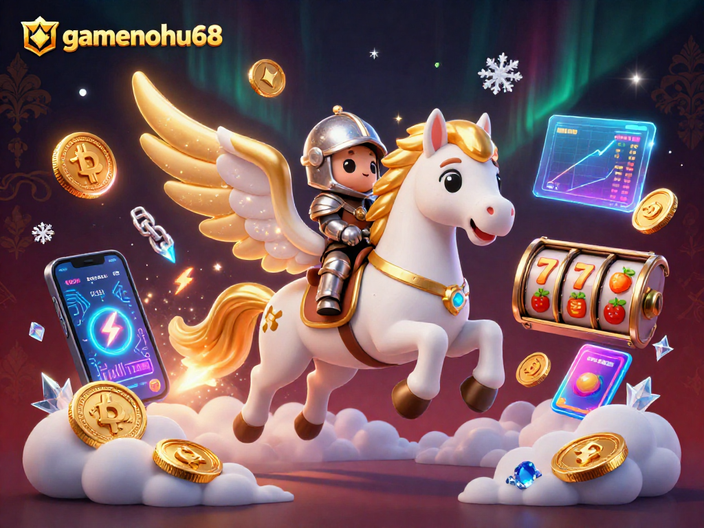 Experience the exciting world of gamenohu68 with vibrant slot reels and cryptocurrency elements.