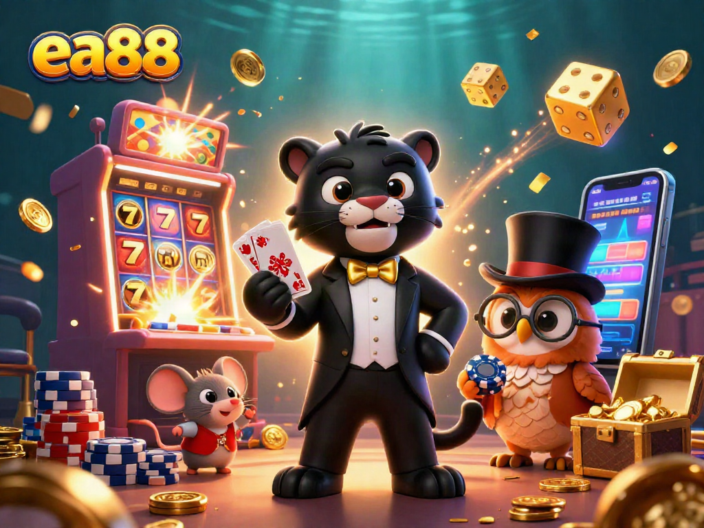 Experience the excitement of ea88 with a tuxedo-clad panther, an owl with poker chips, and a lucky mouse amidst a casino jackpot joy.