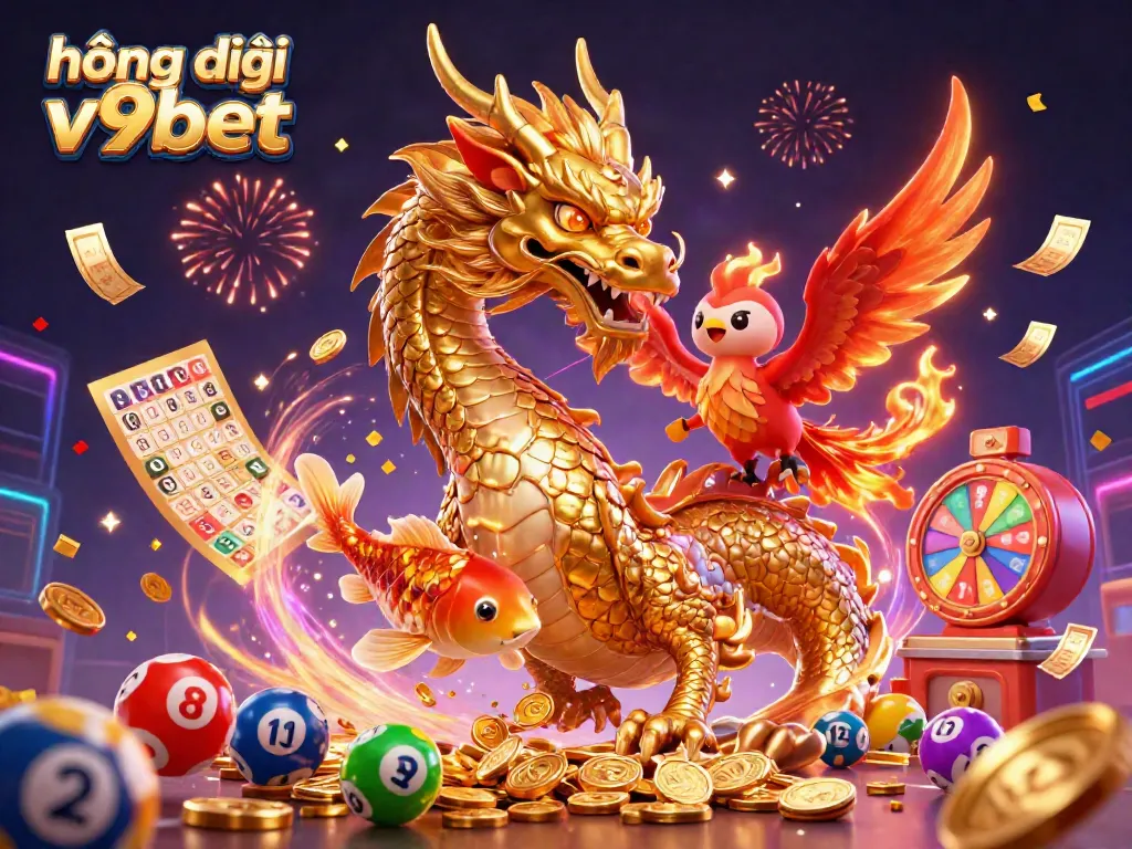 Experience the excitement of hướng dẫn v9bet with a dragon, phoenix, and koi fish in a vibrant casino scene.