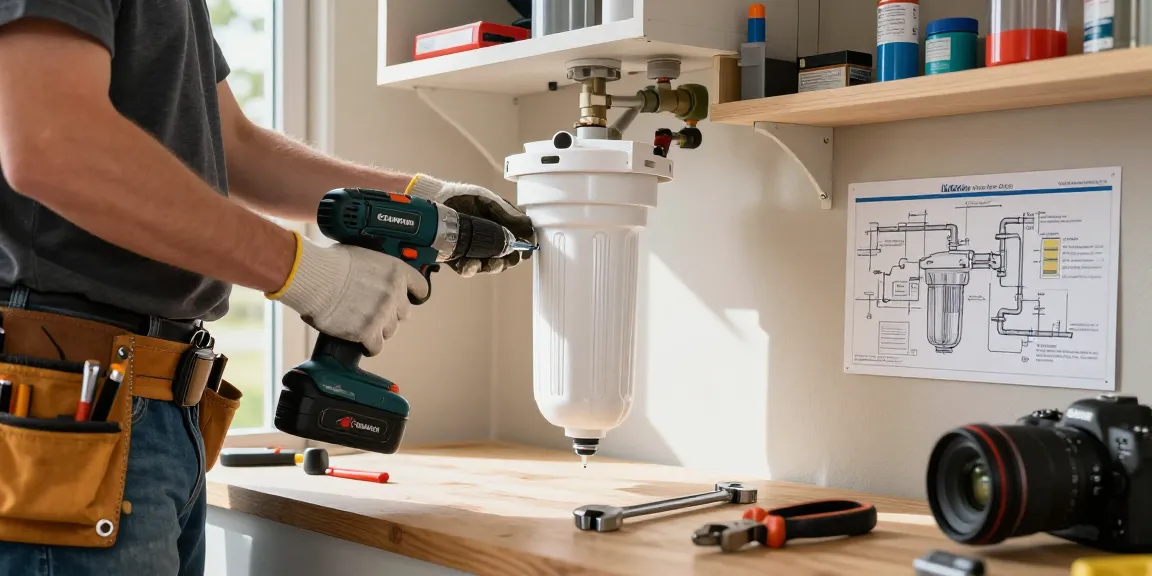 Installing Waterdrop Spin Down Sediment Filter Bracket in a garage, showcasing DIY plumbing.