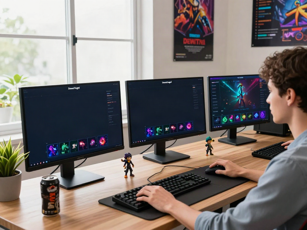 Engaging DewaTogel online gaming setup with colorful screens and gaming accessories.