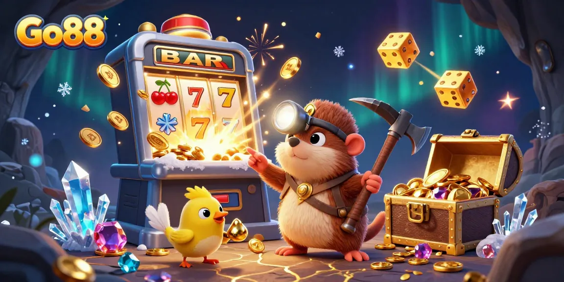 Experience thrilling wins at Go88 with a vibrant 3D treasure hunting scene packed with casino excitement.