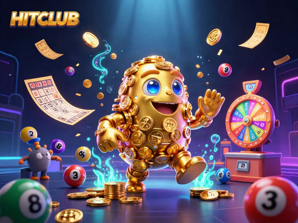 Engage with the HITCLUB experience featuring a golden golem and dynamic gaming elements.