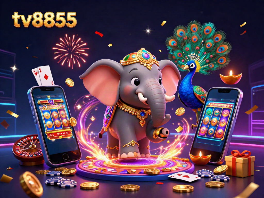 Experience excitement at tv8855 with a rich scene of an elephant, peacock, and casino elements sparkling with vibrant colors and energy.