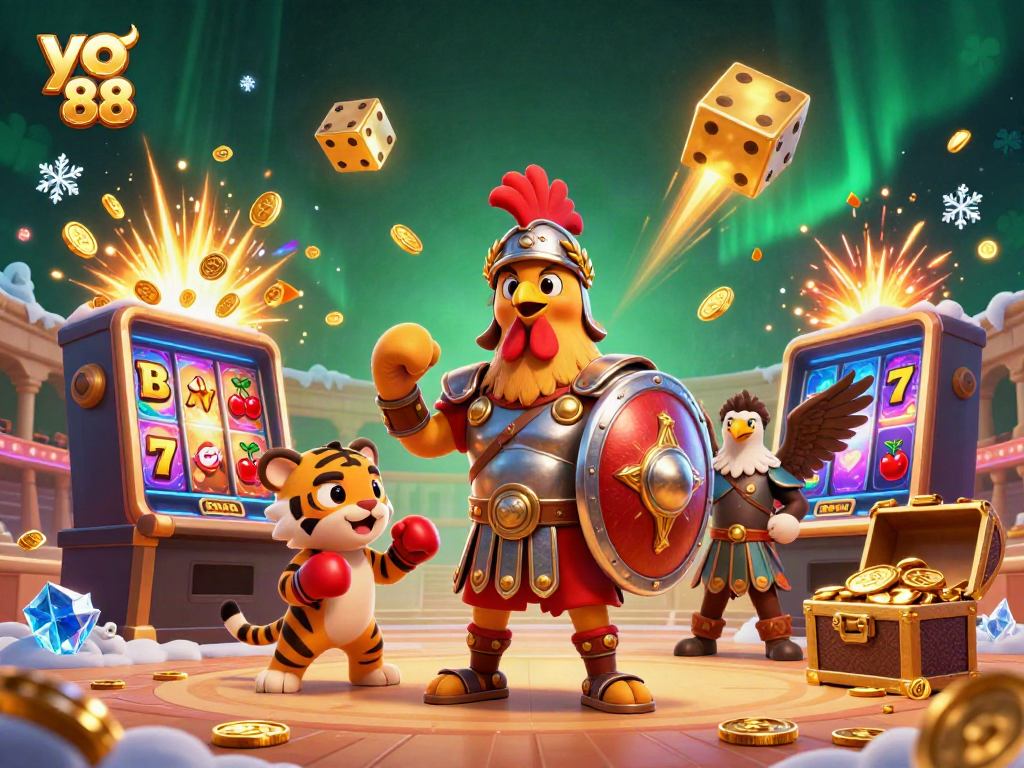 Spin to win big with yo 88's dynamic gaming scene featuring gladiator rooster and jackpots.