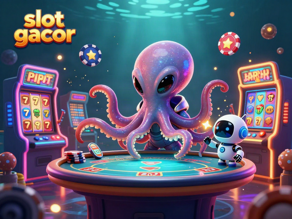 Experience thrilling gameplay with slot gacor as an alien octopus showcases a vibrant floating poker table.