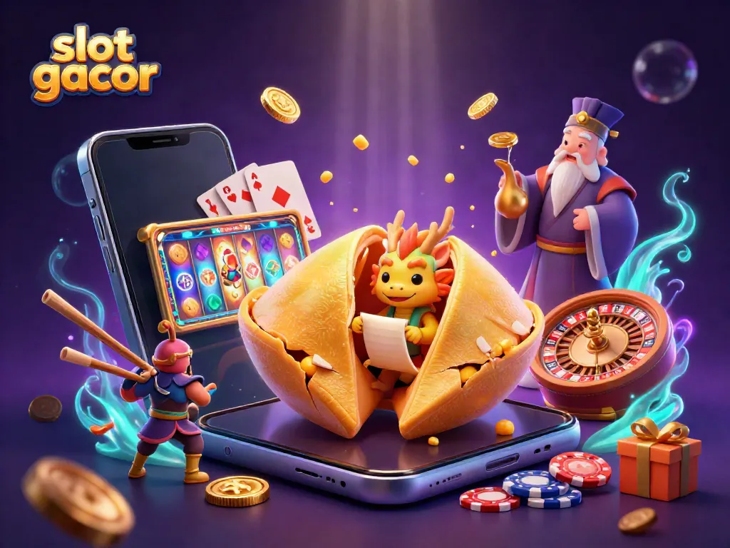 Engage in exciting gameplay with slot gacor as golden fortune cookies and mystical dragon illustrate casino fortune.