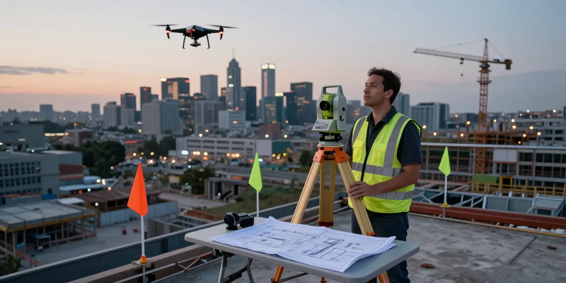 Topographical surveys London with surveyor using modern equipment at construction site.