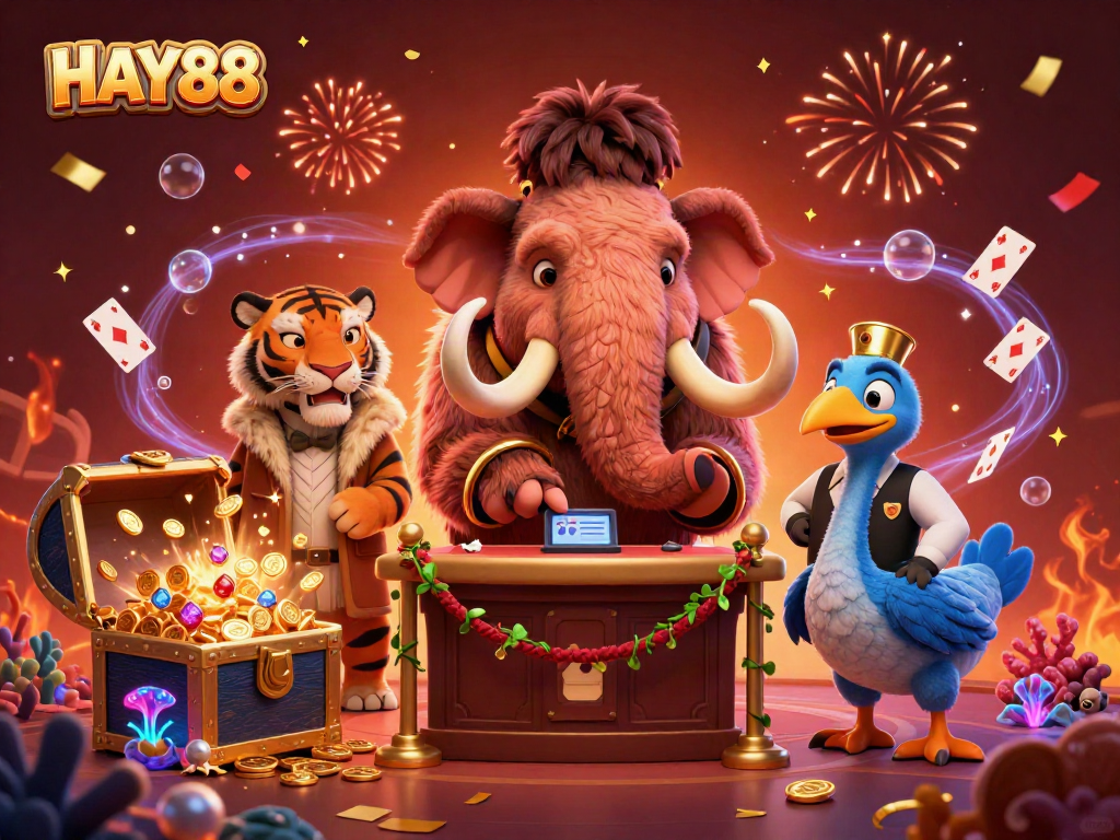 Experience the vibrant HAY88 casino world with our dynamic illustration of characters and treasures.