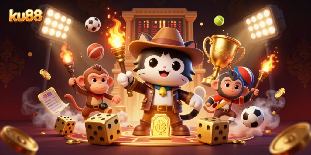 Experience ku88 excitement with a cartoon explorer and golden casino artifact discovery.