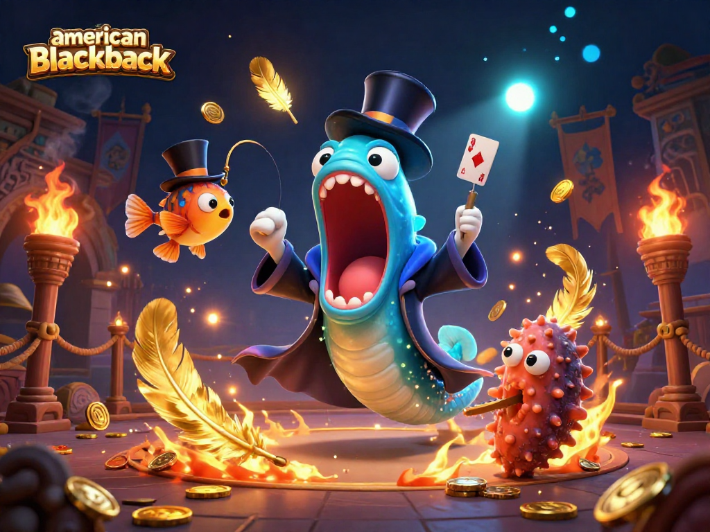 Experience exciting american-blackjack as a bioluminescent eel performs card tricks in a vibrant casino atmosphere.