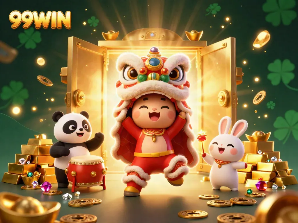 Celebrate wins at 99WIN with vibrant, festive illustration of a lion dance and casino treasures.