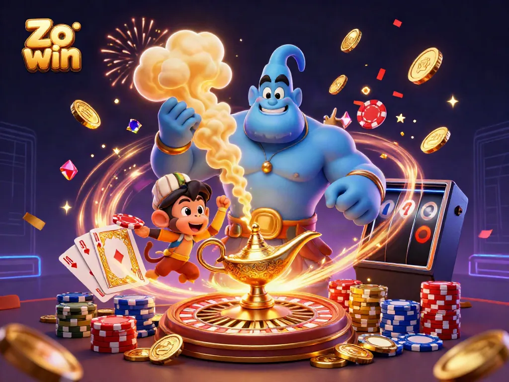 Experience the thrill of Zo win with this vibrant 3D casino illustration featuring game elements and lively characters.