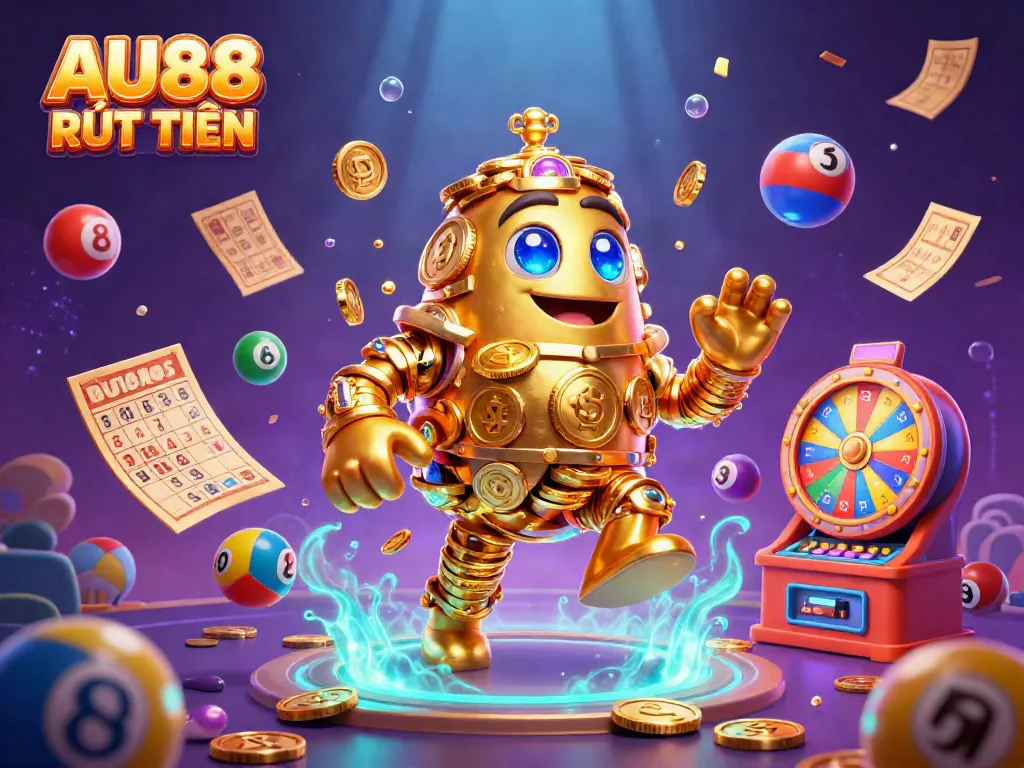 Engage with the AU88 RÚT TIỀN animated experience, featuring a dynamic golden golem surrounded by vibrant lottery elements.