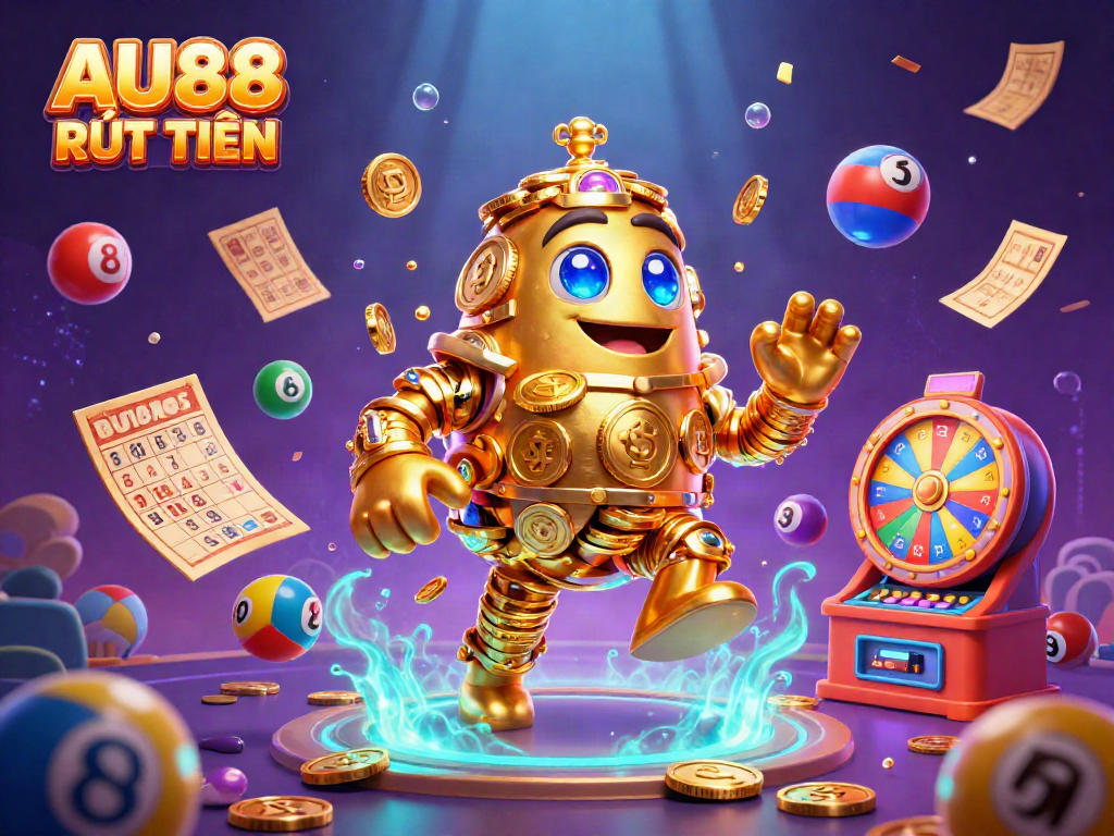 Engage with the AU88 RÚT TIỀN animated experience, featuring a dynamic golden golem surrounded by vibrant lottery elements.