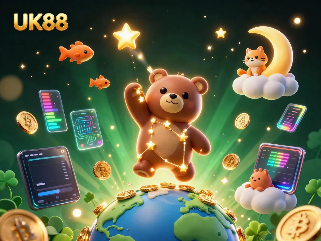 Experience the thrill of UK88 with a cosmic scene of lucky bears and glowing coins.