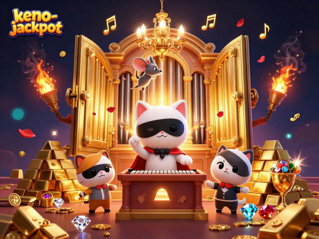 Keno-jackpot game showcasing a whimsical cartoon scene with a cat and mouse amidst treasure