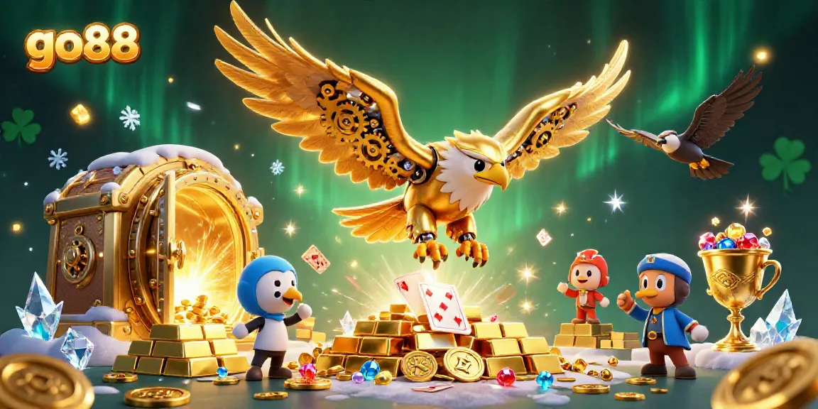 Experience the excitement of go88 with a surreal 3D illustration of gaming elements and a majestic eagle.