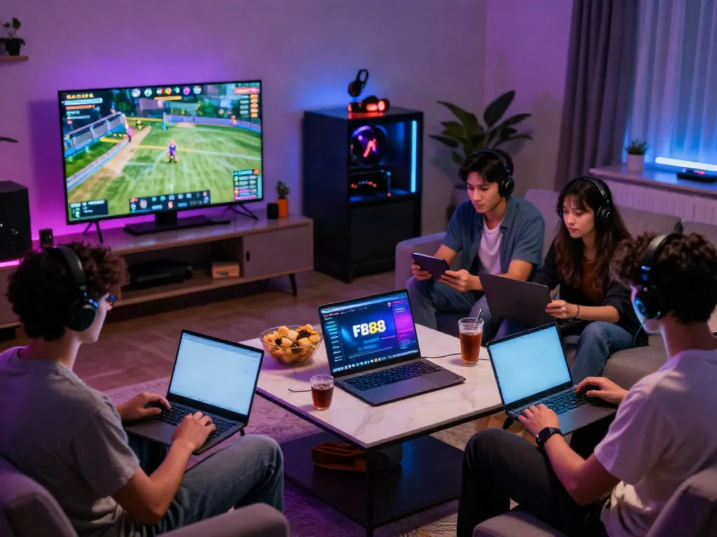 Engaged friends enjoying the FB88 online gaming platform in a vibrant living room setting.