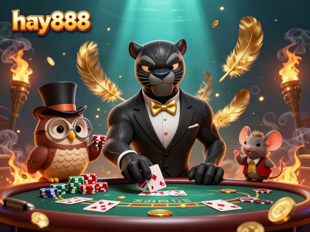 hay888 betting scene with a panther dealing cards, an owl holding poker chips, and a mouse by chips.