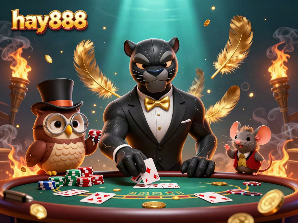 hay888 betting scene with a panther dealing cards, an owl holding poker chips, and a mouse by chips.