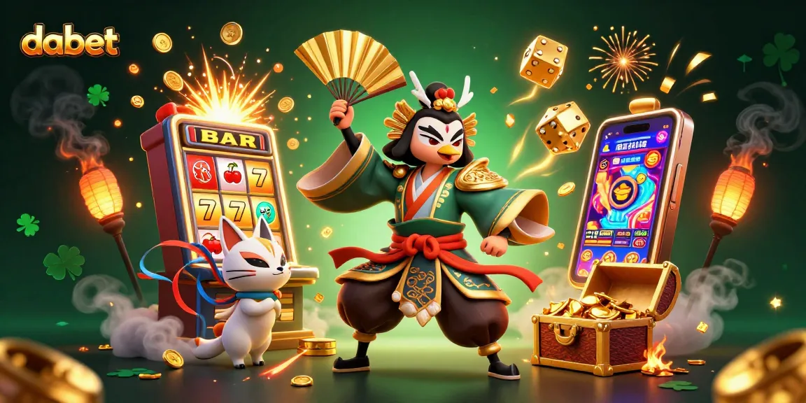 Dabet showcases a thrilling jackpot experience with a vibrant casino scene featuring unique character elements.